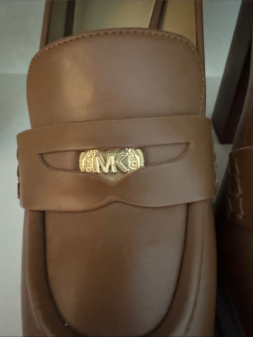 Michael Kors Brown Leather Platform Penny Loafers with Gold MK Accent - Picture 2 of 7